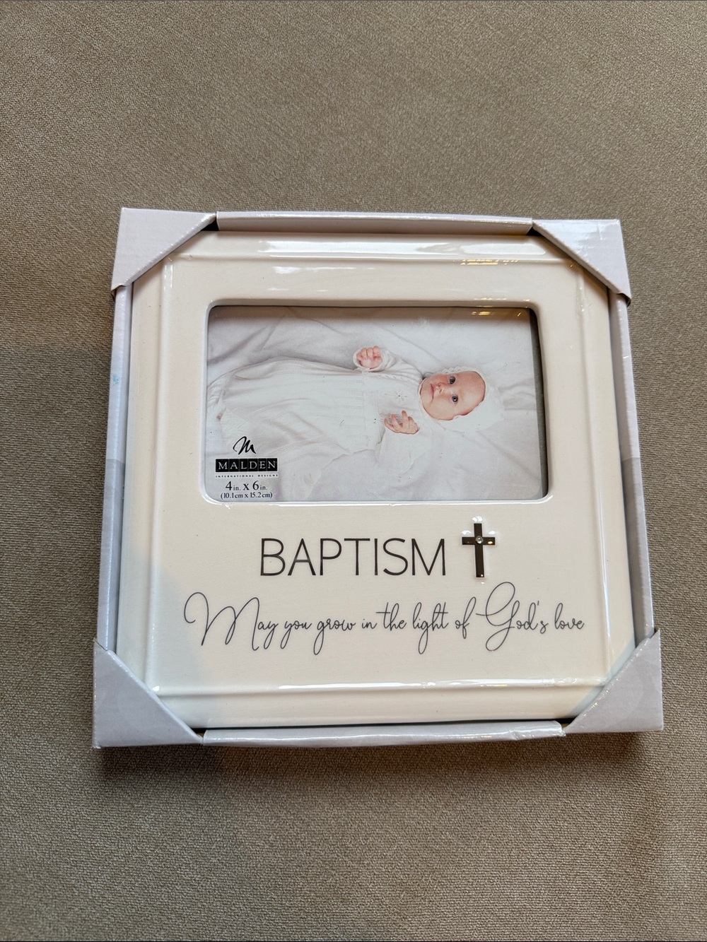 Malden White Baptism Frame with Silver Cross Accent